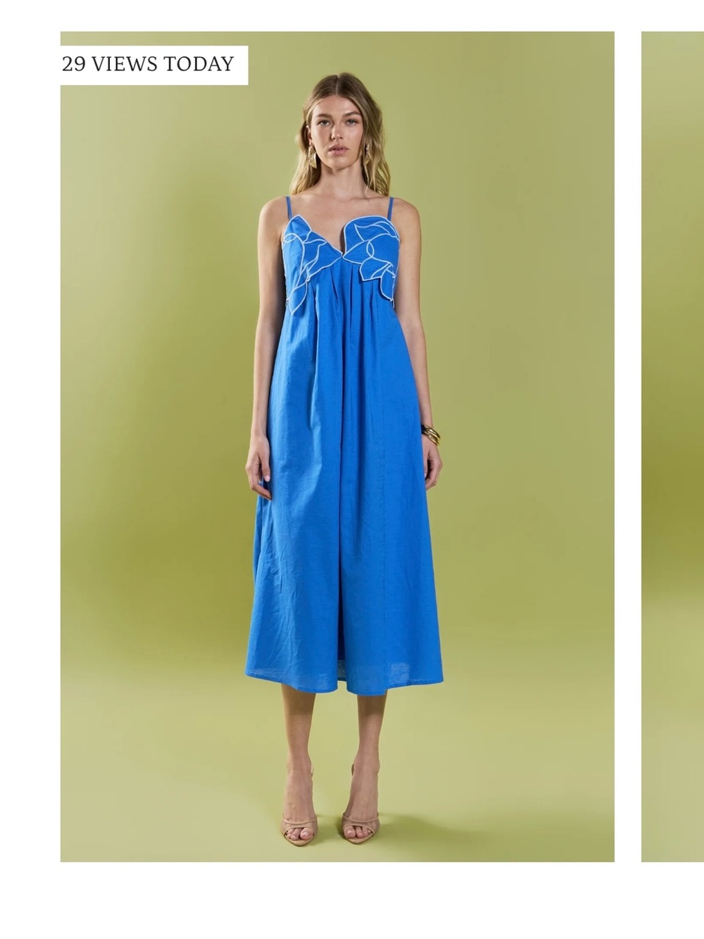 FARM Rio Blue Spaghetti-Strap Midi Dress with White Floral Trim